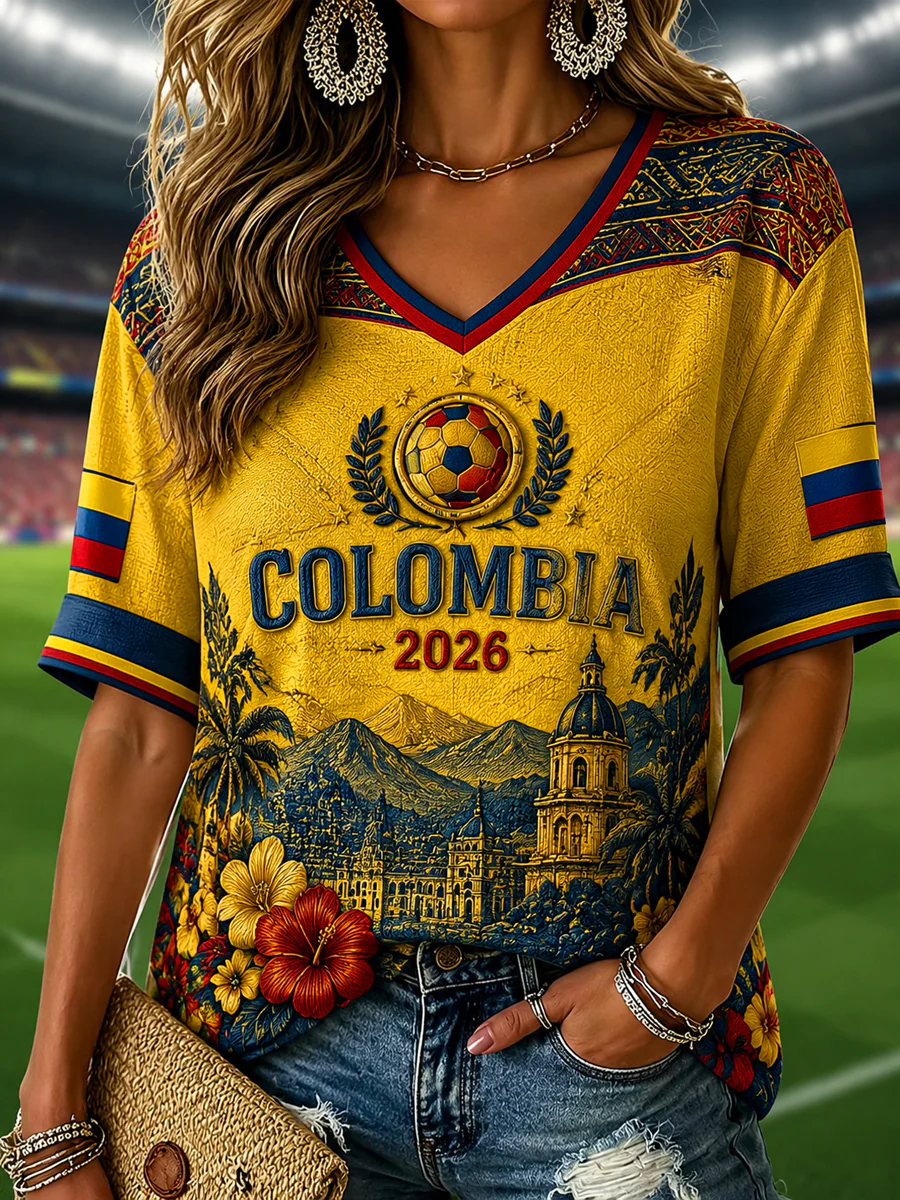 2026 Colombia Floral Art Casual V-Neck T-Shirt