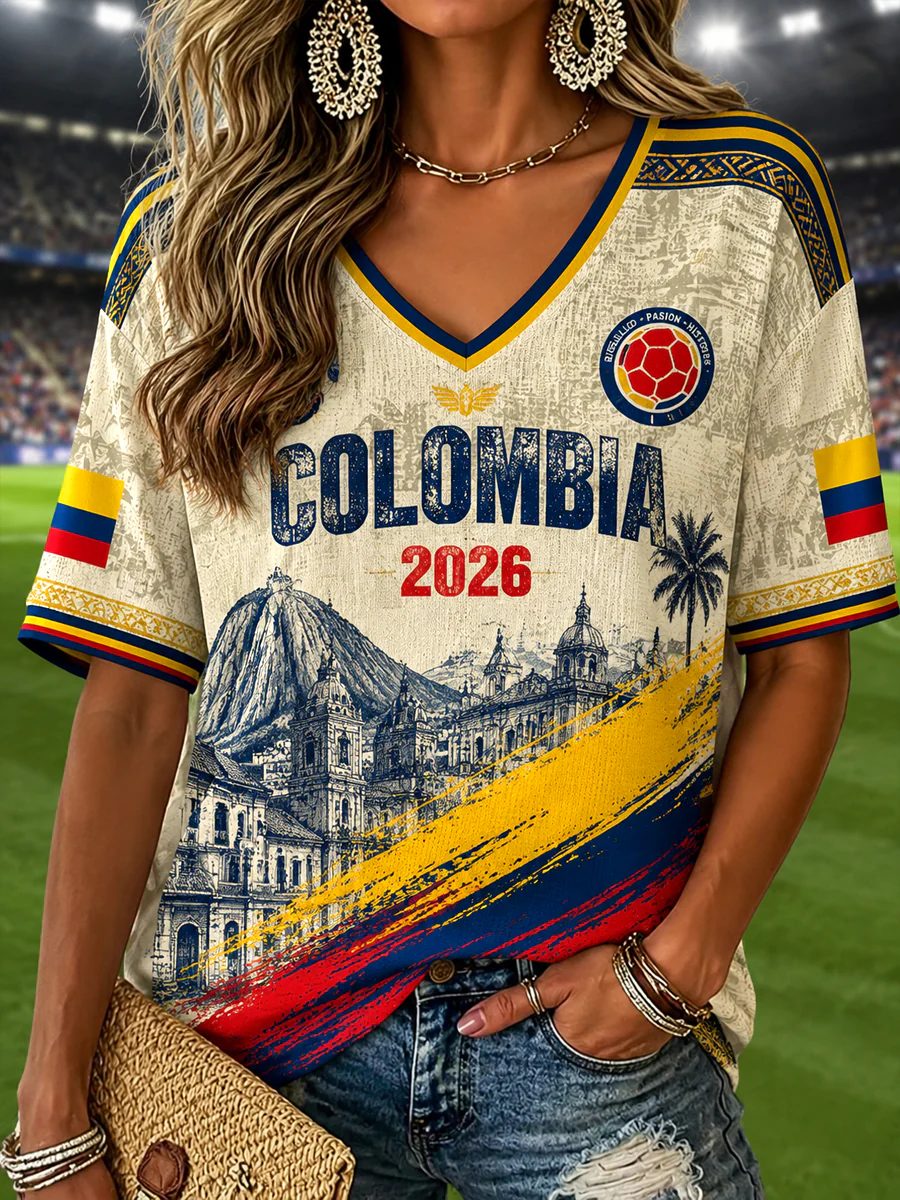2026 Colombia Soccer Commemorative Artistic Casual V-Neck T-Shirt
