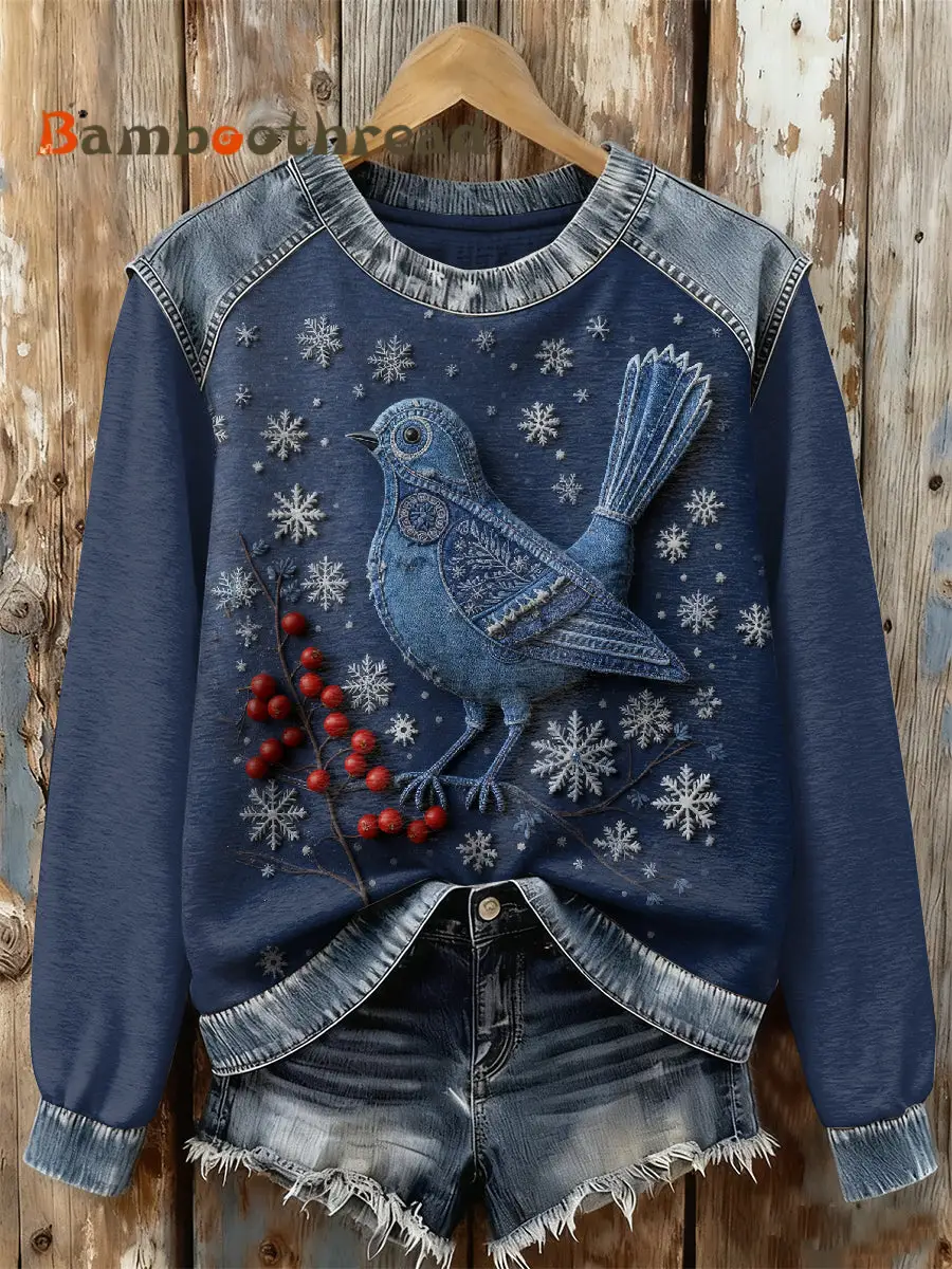 Gorgeous Christmas Bird Print Casual Long Sleeved Sweatshirt