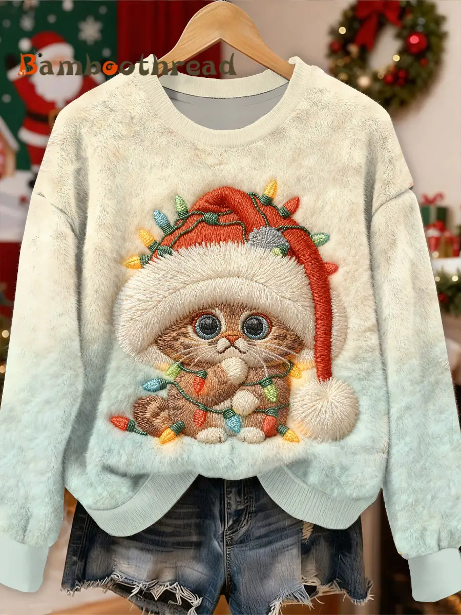 Gorgeous Christmas Cat Pattern Casual Long Sleeved Sweatshirt