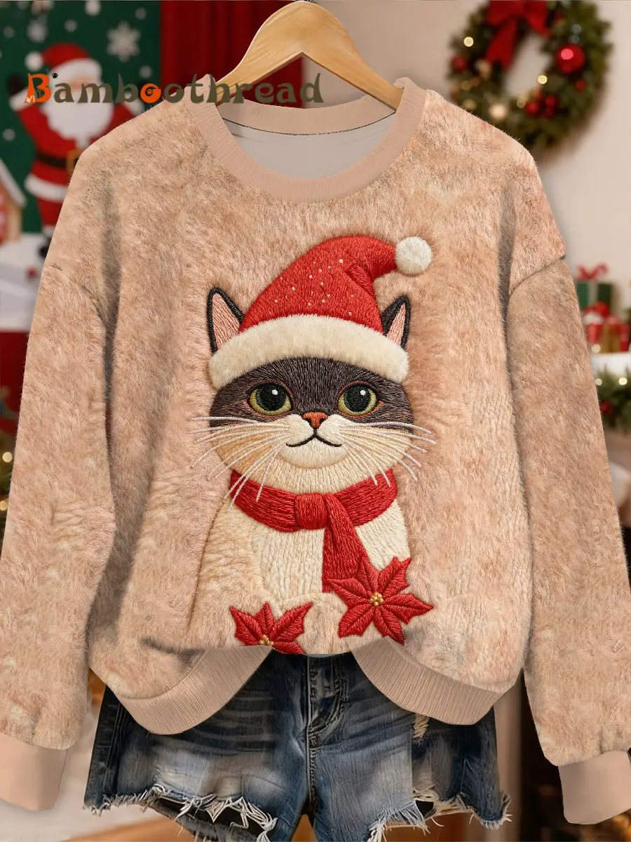 Gorgeous Christmas Cat Print Casual Long Sleeved Sweatshirt