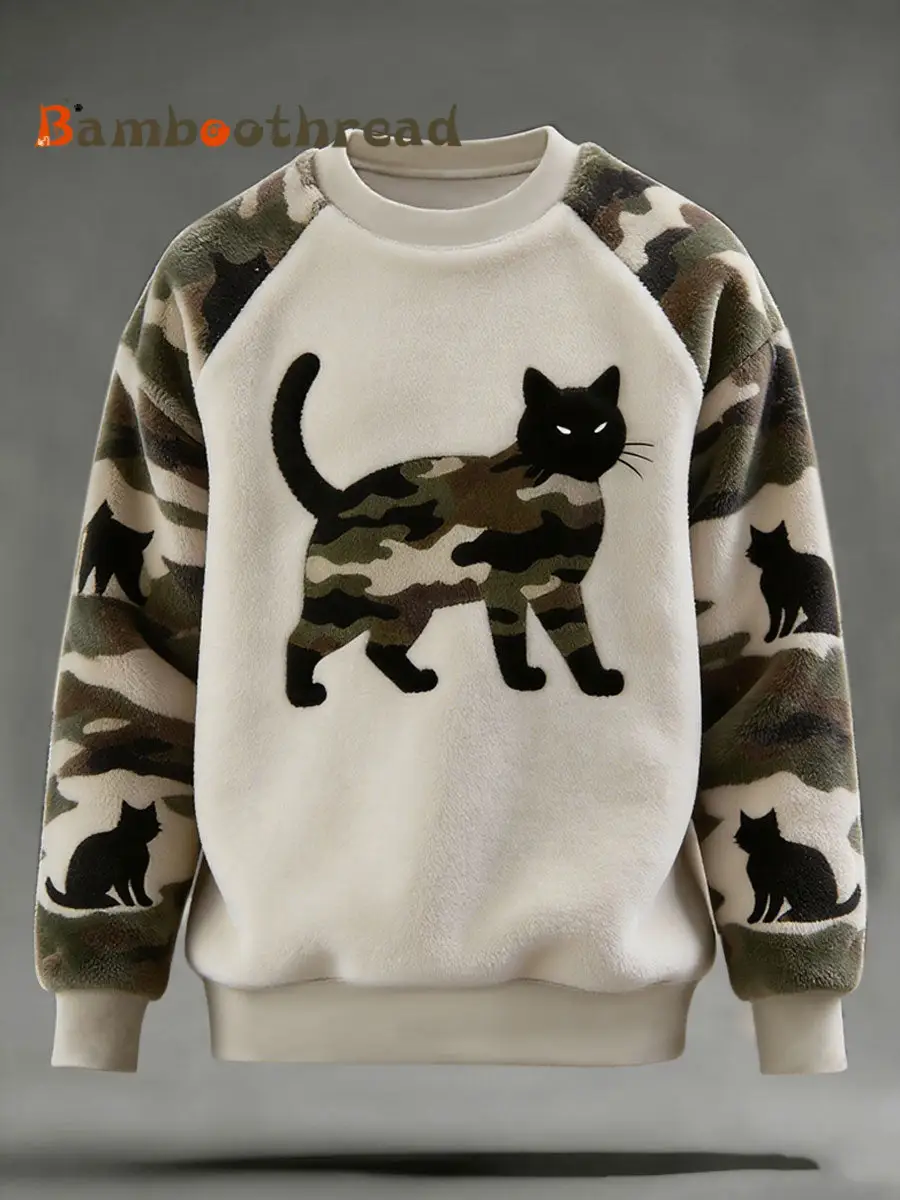 Men's Camouflage Cat Art Print Casual Flannel Sweatshirt