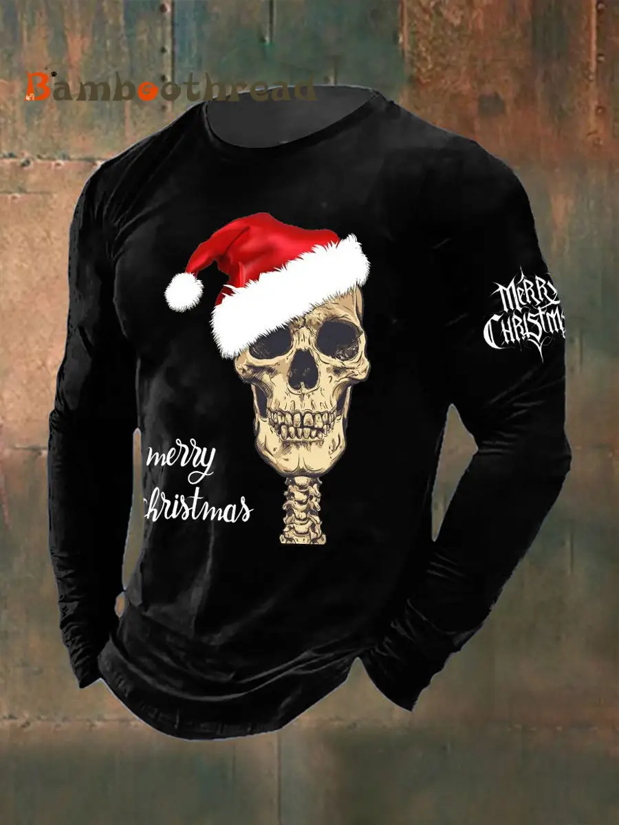 Men's Christmas Skull Printed Long Sleeved Round Neck T-shirt
