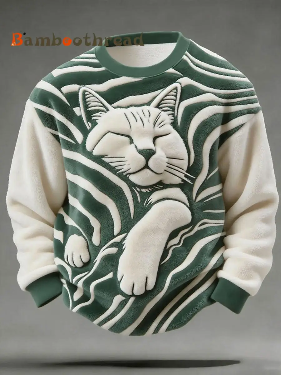 Men's Cute Sleep Cat Art Print Casual Flannel Sweatshirt