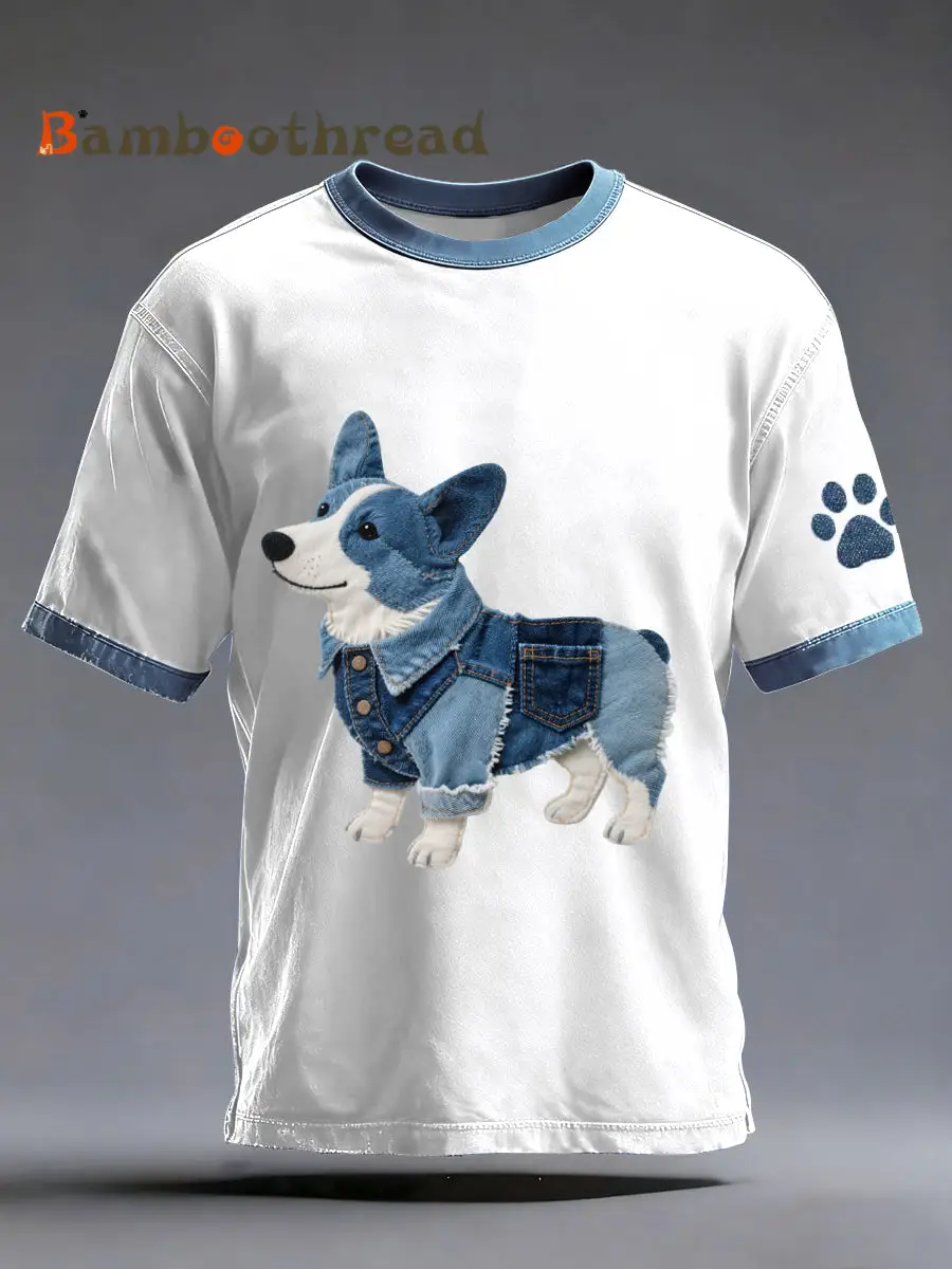 Men's Denim Patchwork Art Corgi Dog Pattern Washed T-Shirt