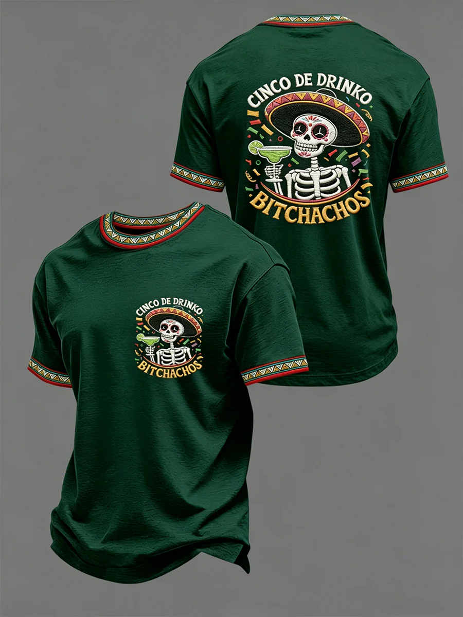 Men's Funny Cinco De Drinko Bitchachos Skeleton Print Casual Short-Sleeve T-shirt - Image 2