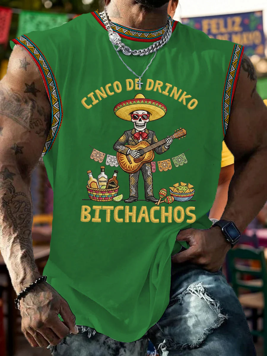 Men's Funny Cinco De Drinko Bitchachos Skeleton Print Casual Tank Top - Image 2