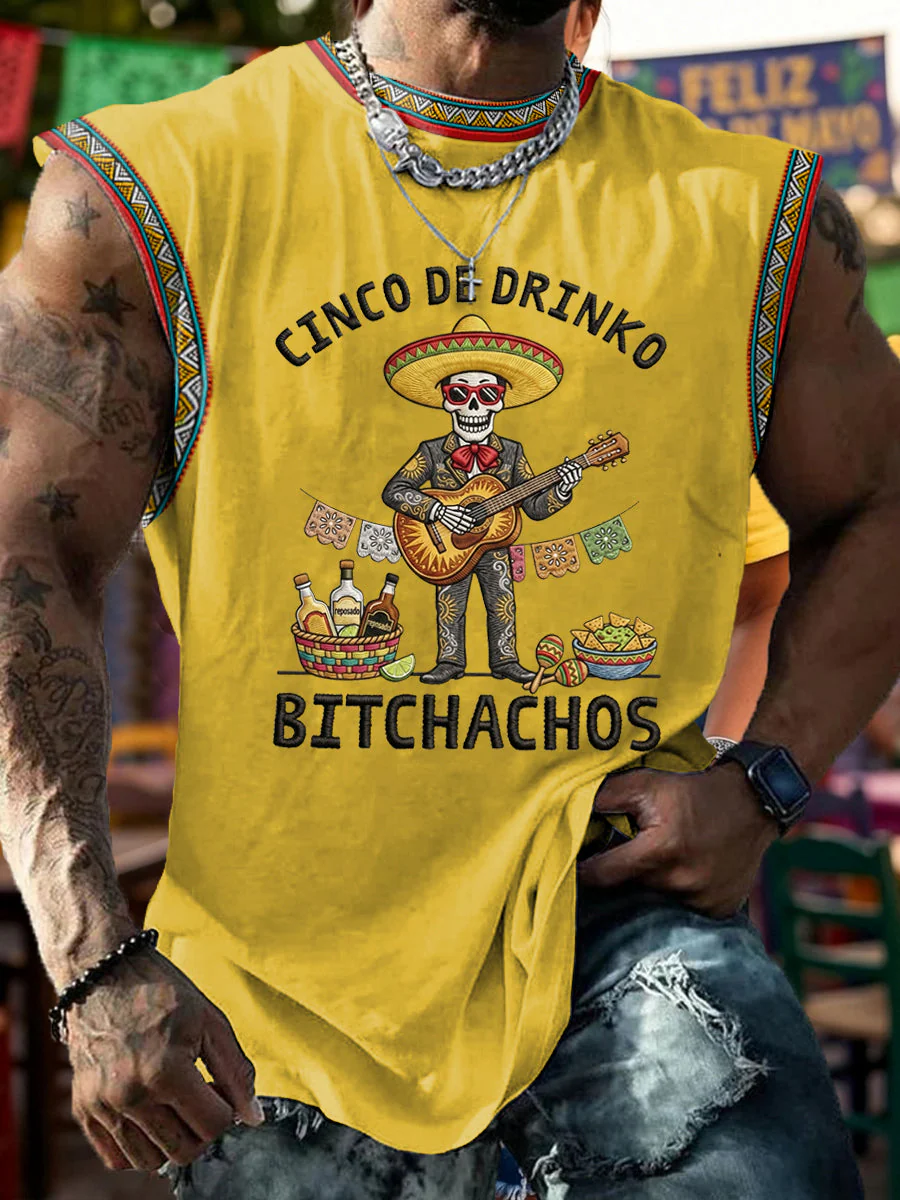 Men's Funny Cinco De Drinko Bitchachos Skeleton Print Casual Tank Top - Image 3
