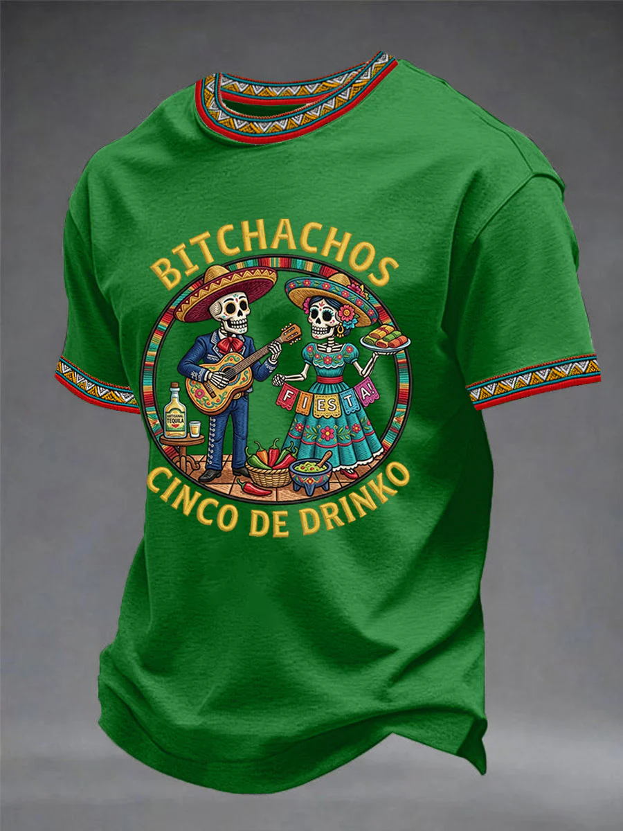 Men's Funny Cinco De Drinko Bitchachos Skeleton Print Casual Tee - Image 2