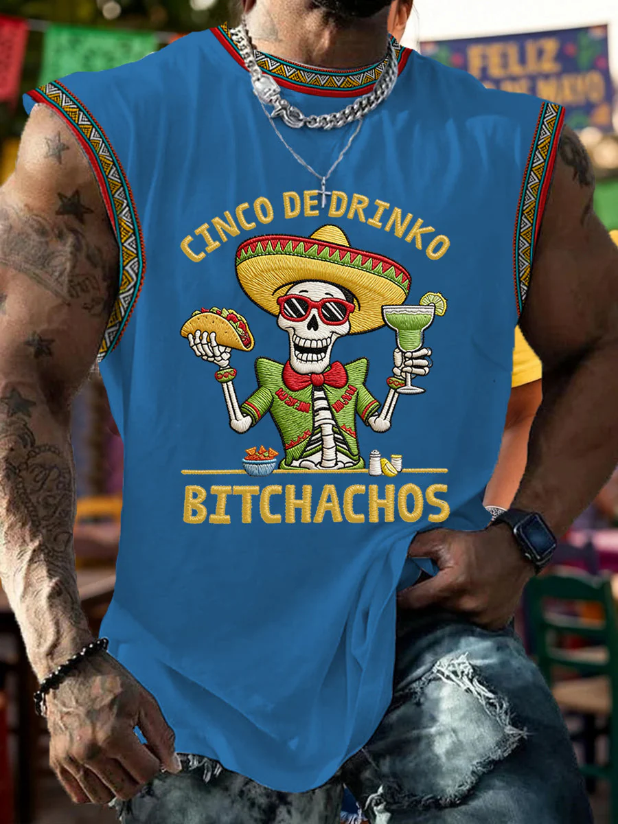 Men's Funny Cinco De Drinko Bitchachos Skull Print  Tank Top - Image 6