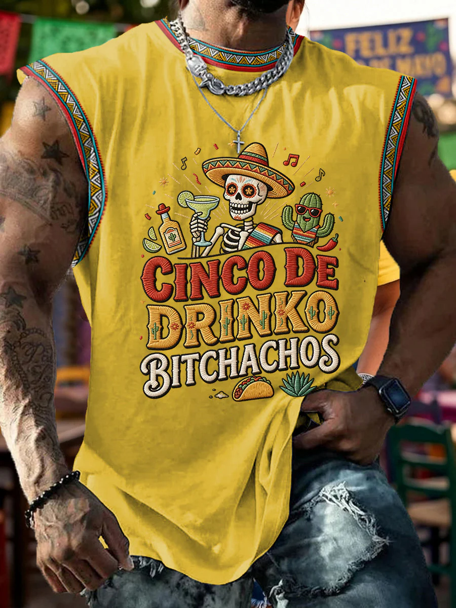 Men's Funny Cinco De Drinko Bitchachos Skull Print Tank Top - Image 2