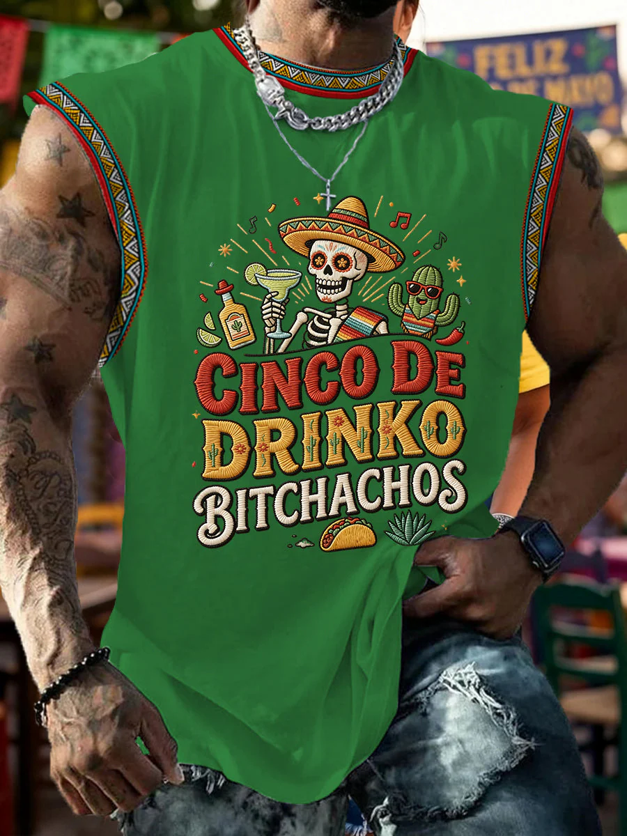 Men's Funny Cinco De Drinko Bitchachos Skull Print Tank Top - Image 3