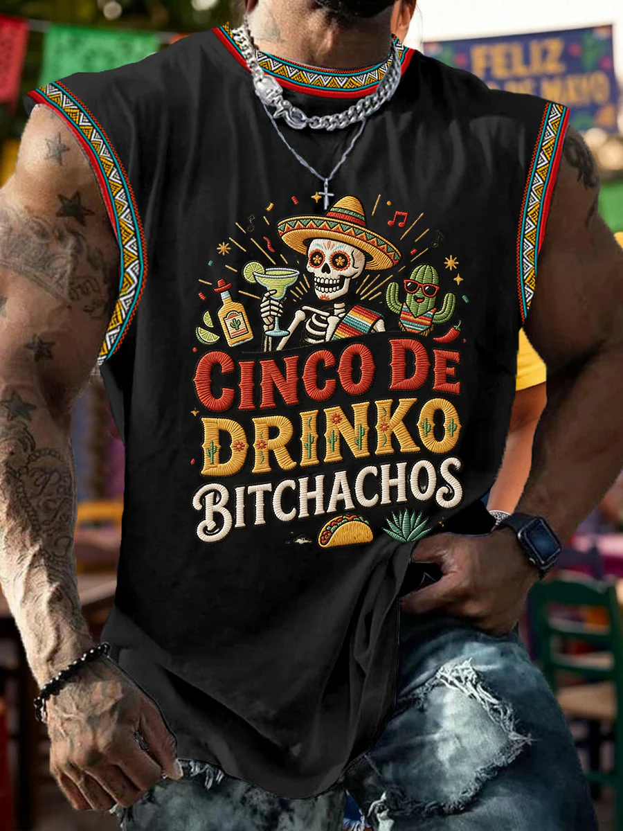 Men's Funny Cinco De Drinko Bitchachos Skull Print Tank Top - Image 4