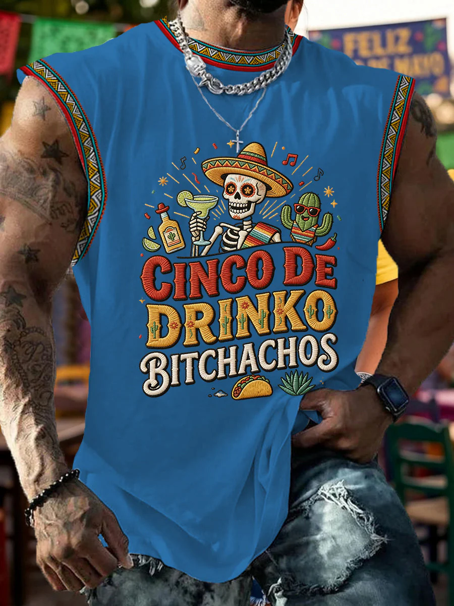Men's Funny Cinco De Drinko Bitchachos Skull Print Tank Top - Image 5
