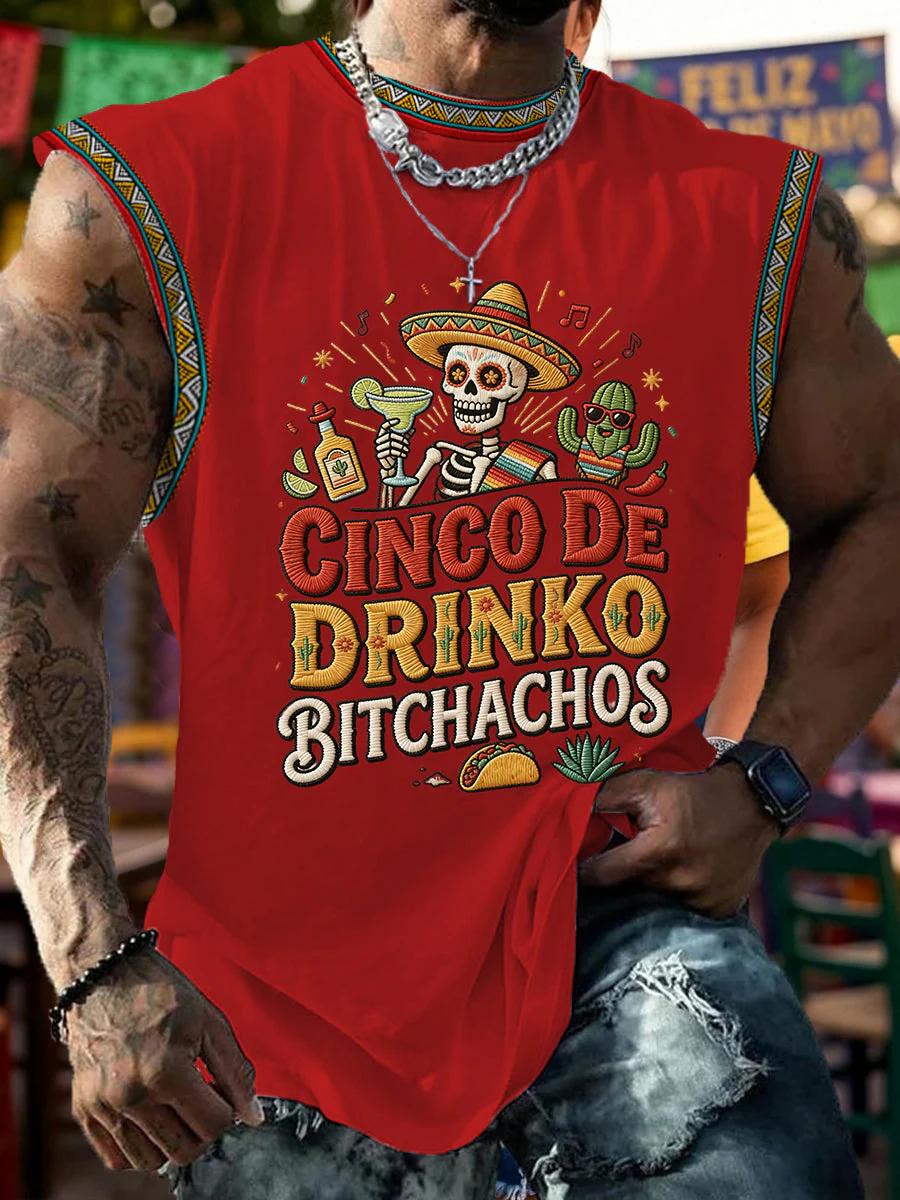 Men's Funny Cinco De Drinko Bitchachos Skull Print Tank Top - Image 6