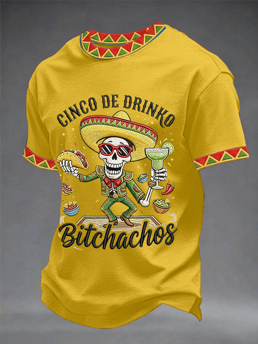 Men's Funny Cinco De Drinko Bitchachos Skull Print Tee - Image 2