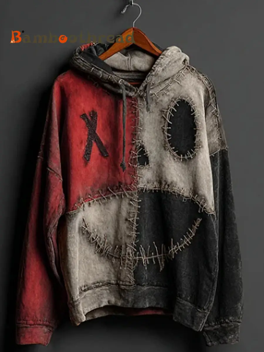 Men's Halloween Pumpkin Face Colorblock Patchwork Hoodie - Image 3