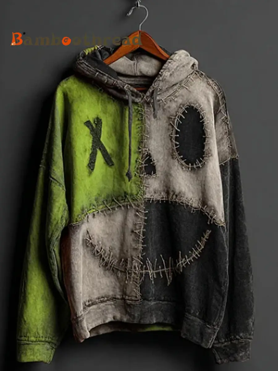 Men's Halloween Pumpkin Face Colorblock Patchwork Hoodie - Image 4