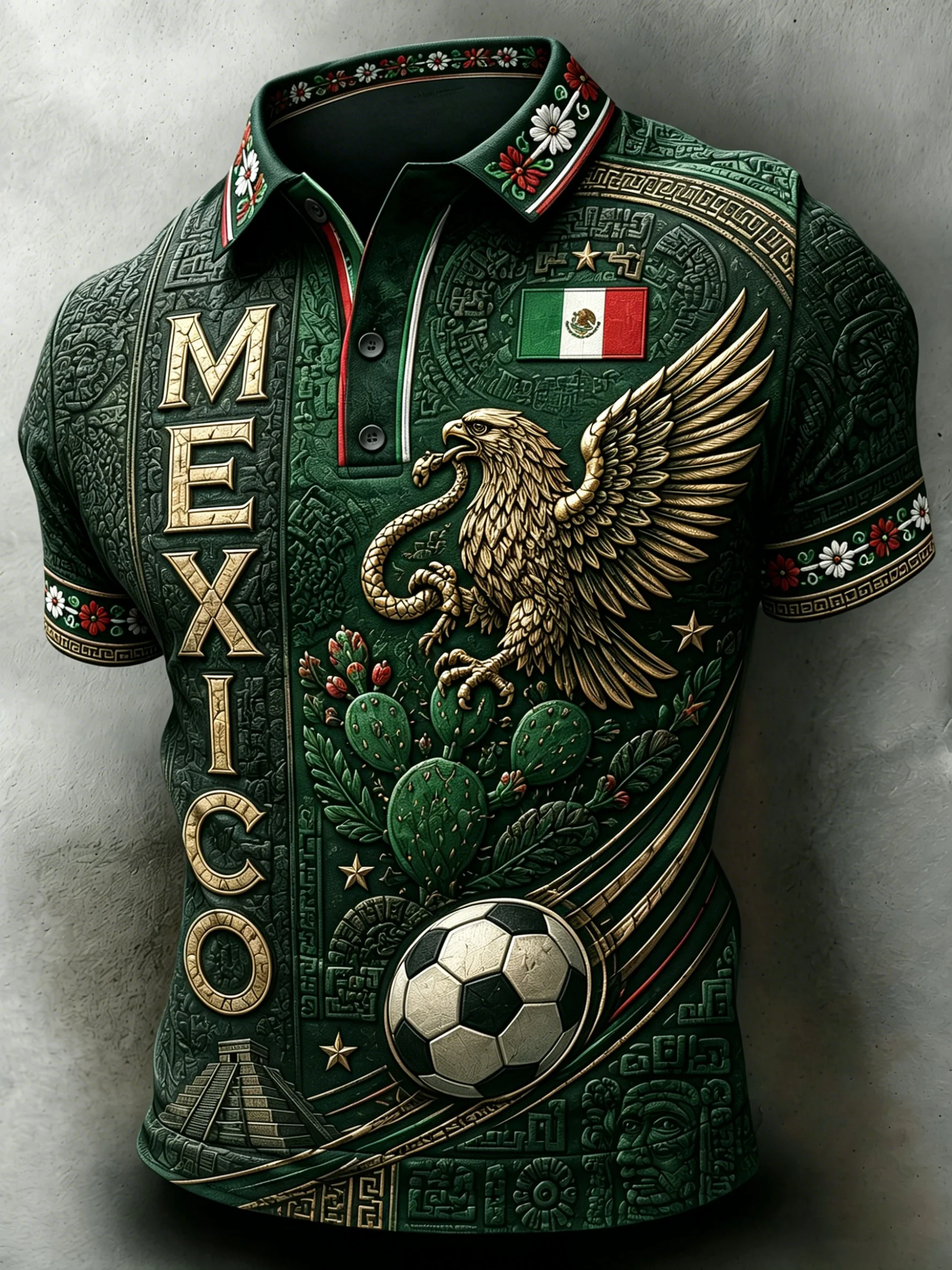 Men's Mexican Football Cheering Embossed Textured Traditional Totem Art Print Polo Shirt
