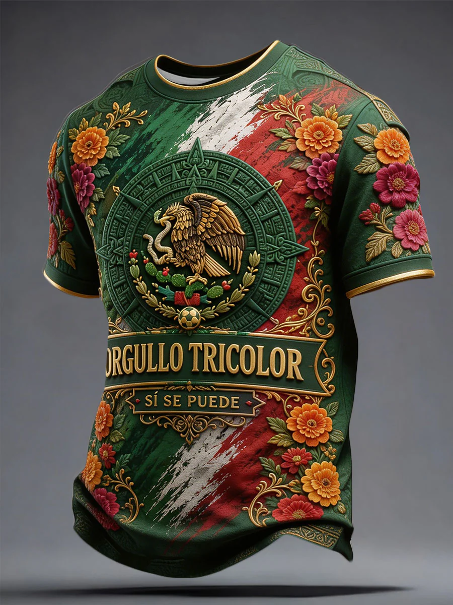 Men's Mexico Football Lover Floral Art Printed T-shirt