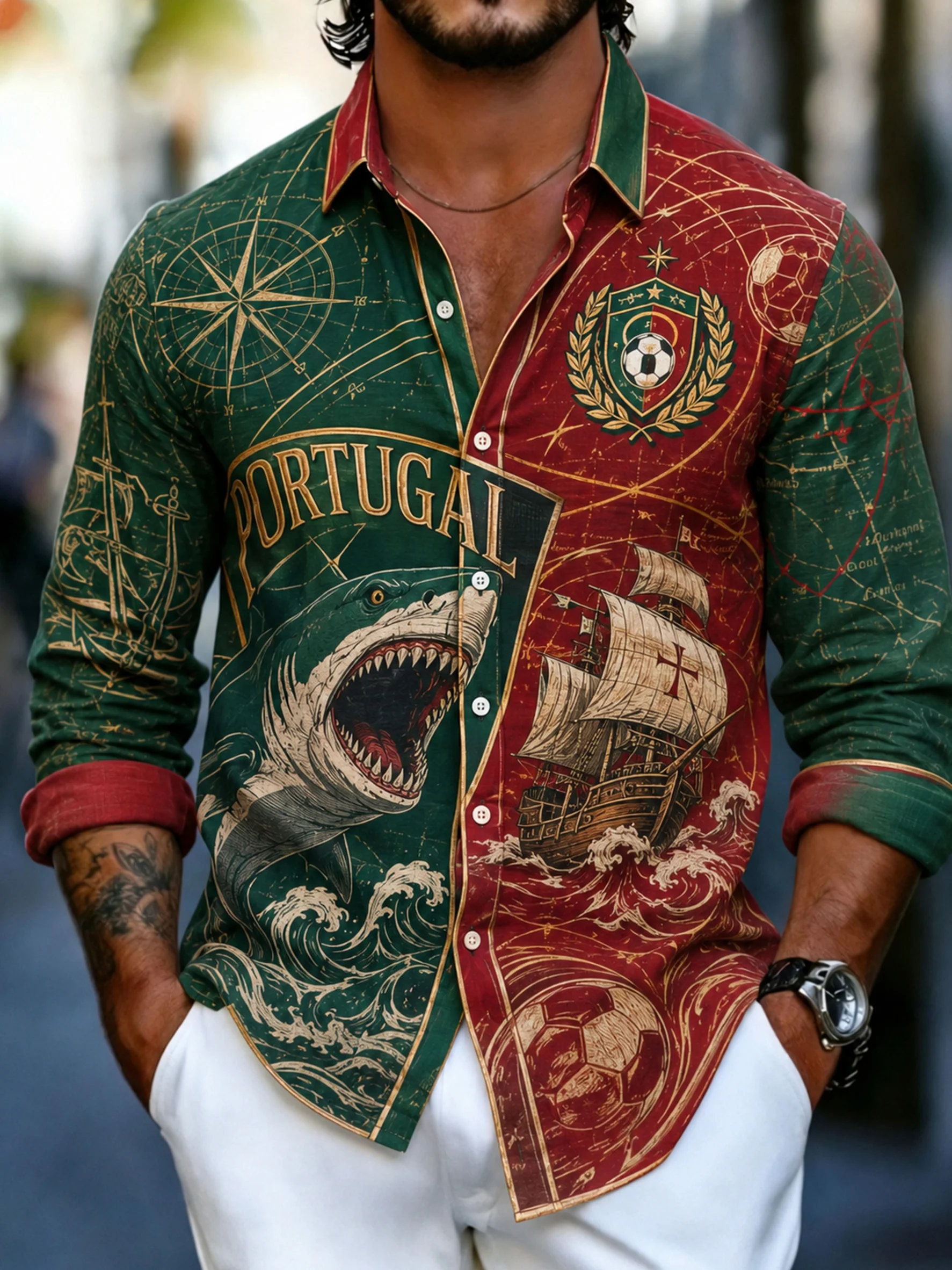 Men's Portugal Football Fan Art Print Long-Sleeve Shirt