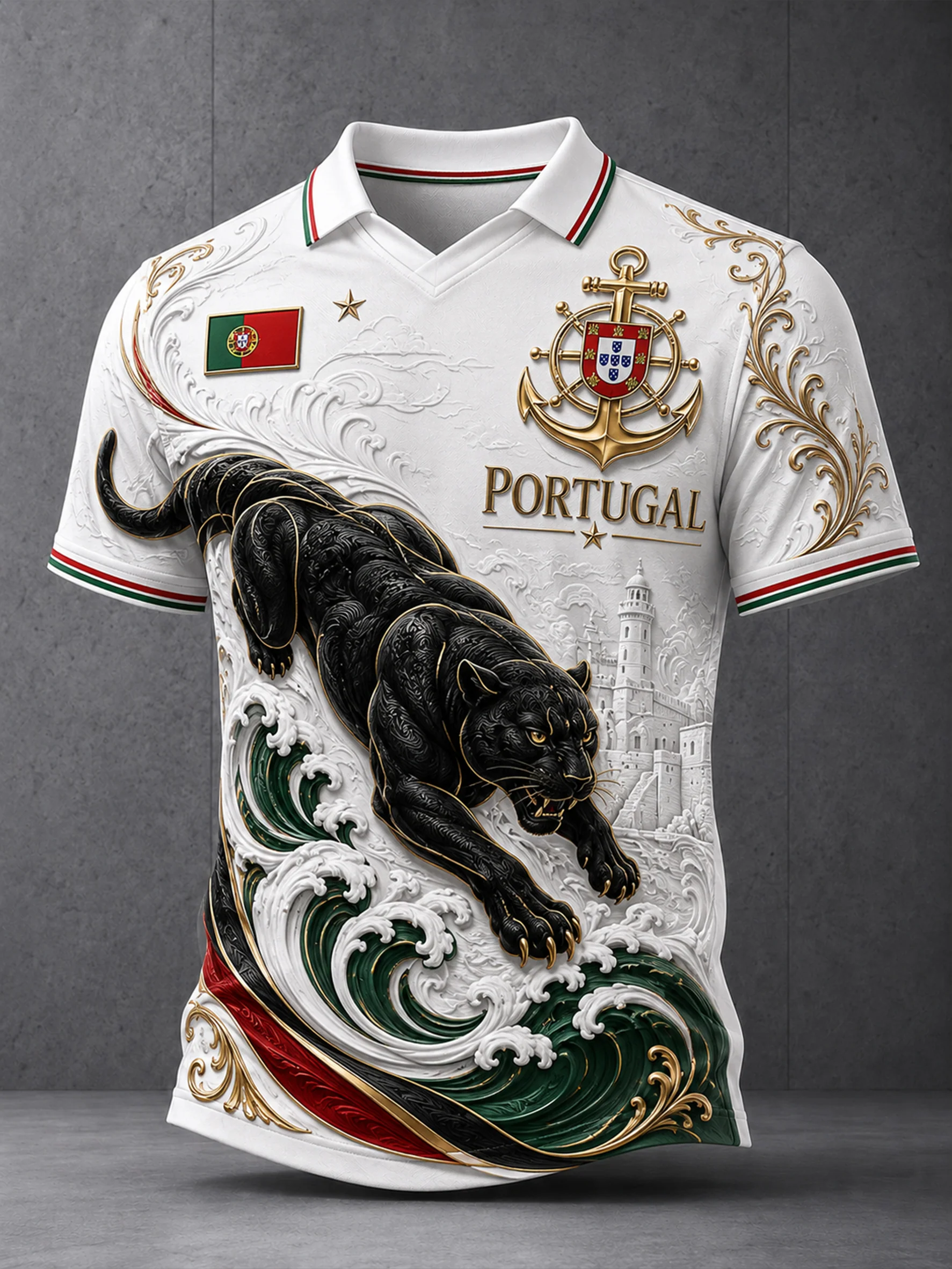 Men's Portugal Football Match Cheering Embossed Textured Artistic Print Polo Shirt