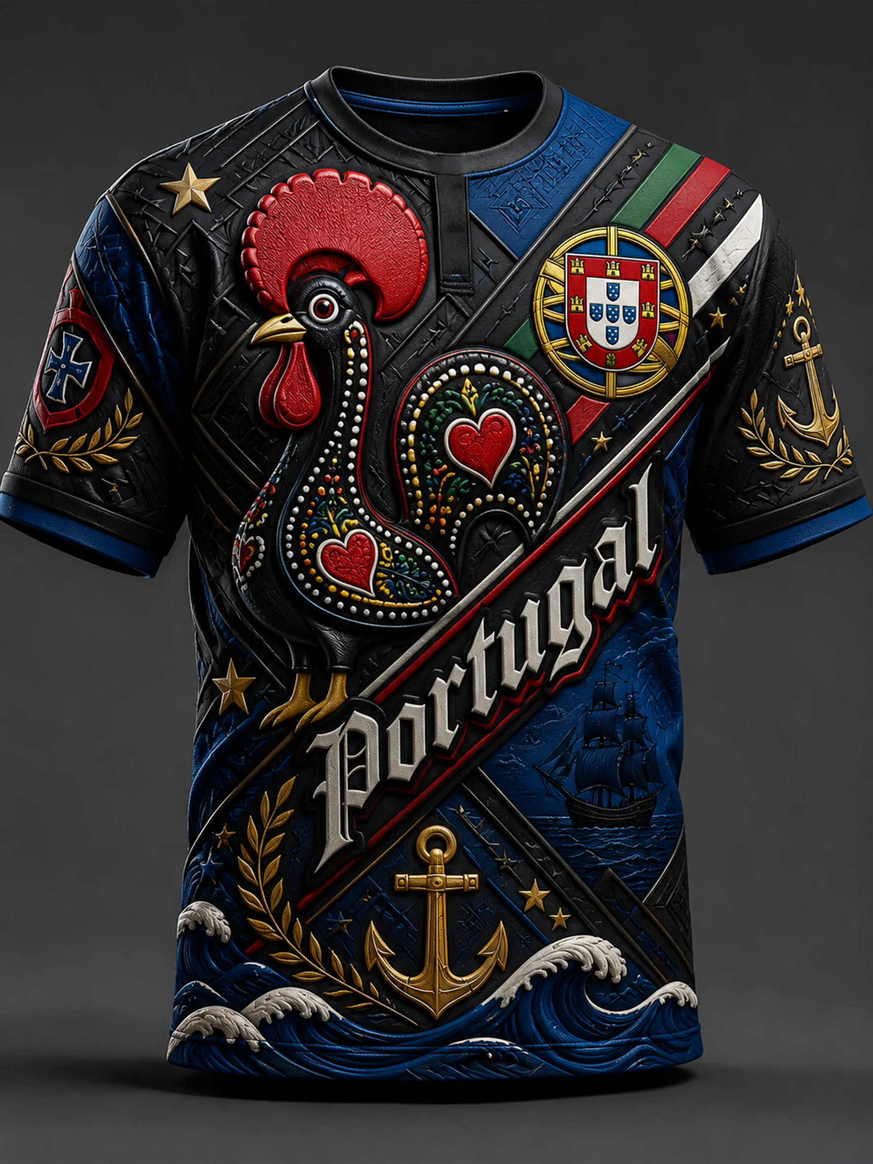 Men's Short-Sleeve Top With Embossed-Texture Portugal Football Art Print