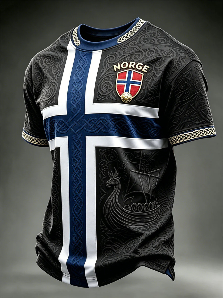 Men's Viking Ship Norway Football & Flag Colorblock Print short sleeves t-shirt - Image 2