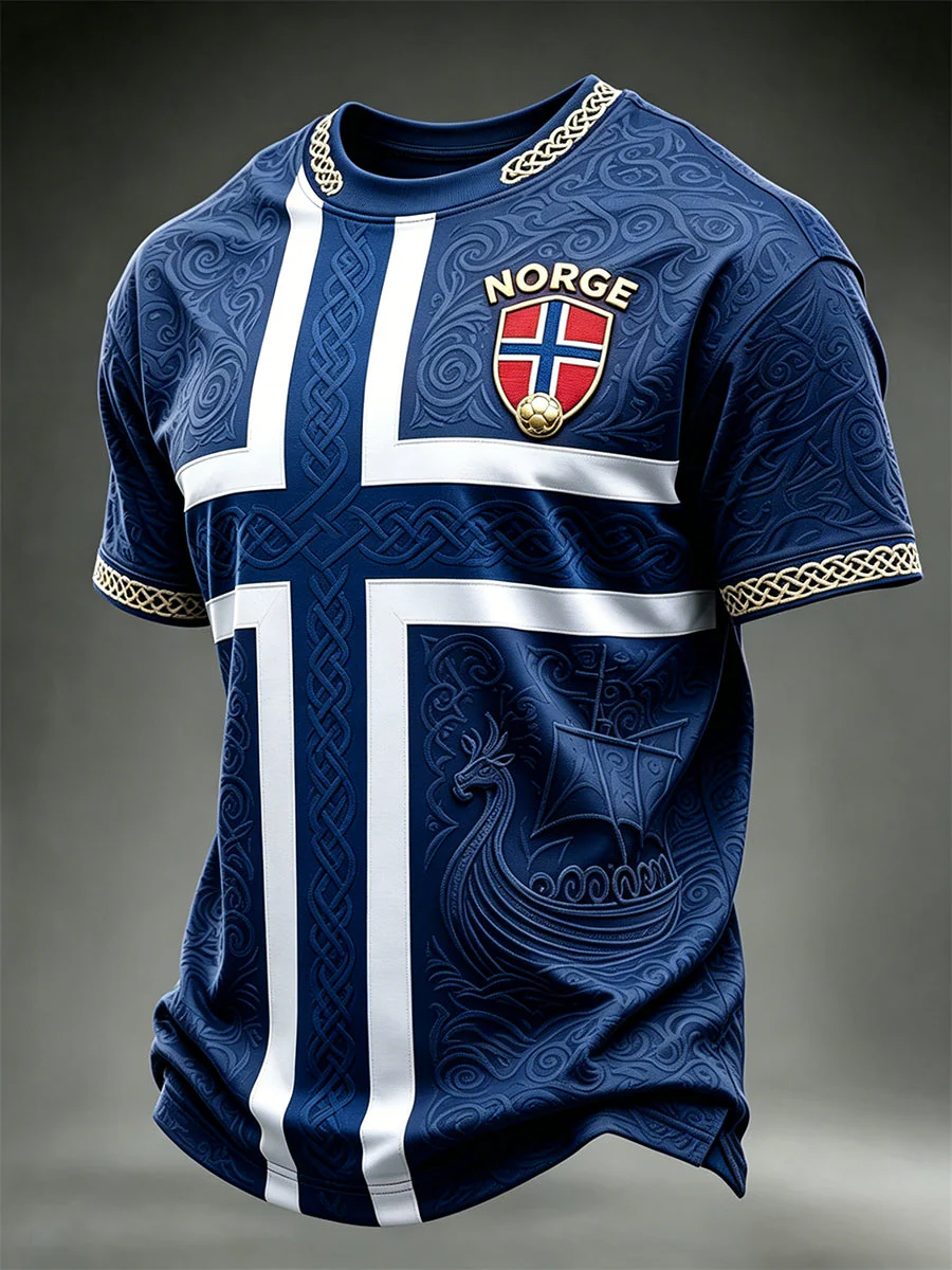 Men's Viking Ship Norway Football & Flag Colorblock Print short sleeves t-shirt - Image 3