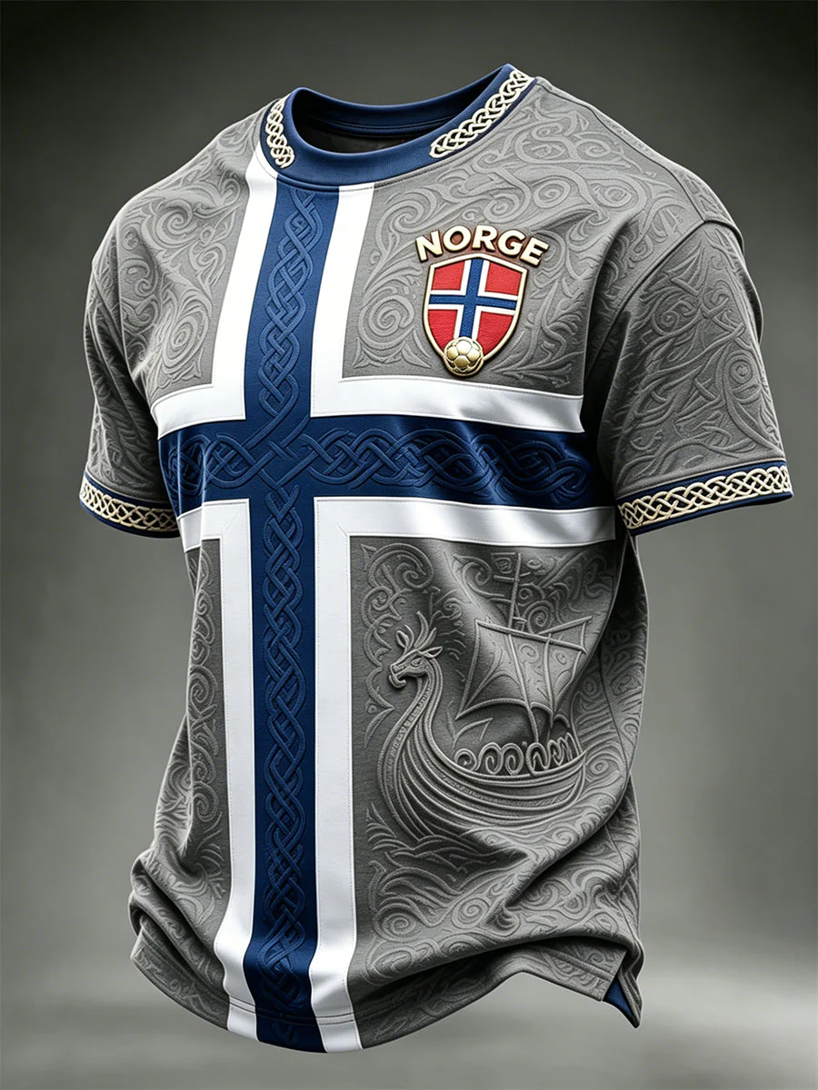 Men's Viking Ship Norway Football & Flag Colorblock Print short sleeves t-shirt - Image 4