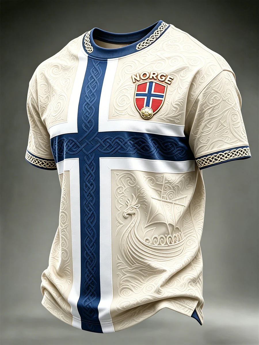 Men's Viking Ship Norway Football & Flag Colorblock Print short sleeves t-shirt - Image 5