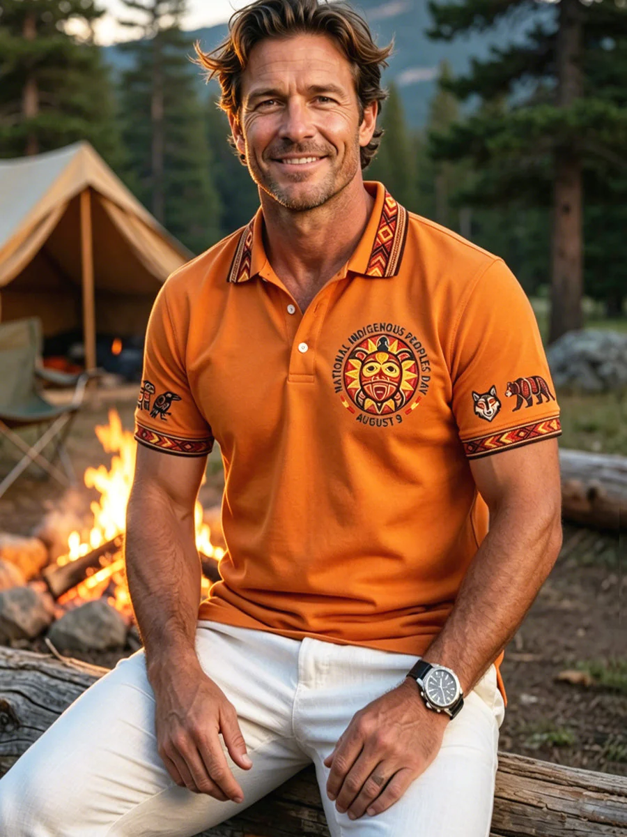 Men's Vintage Native American Animal Totem Emblem Casual Polo Shirt - Image 4