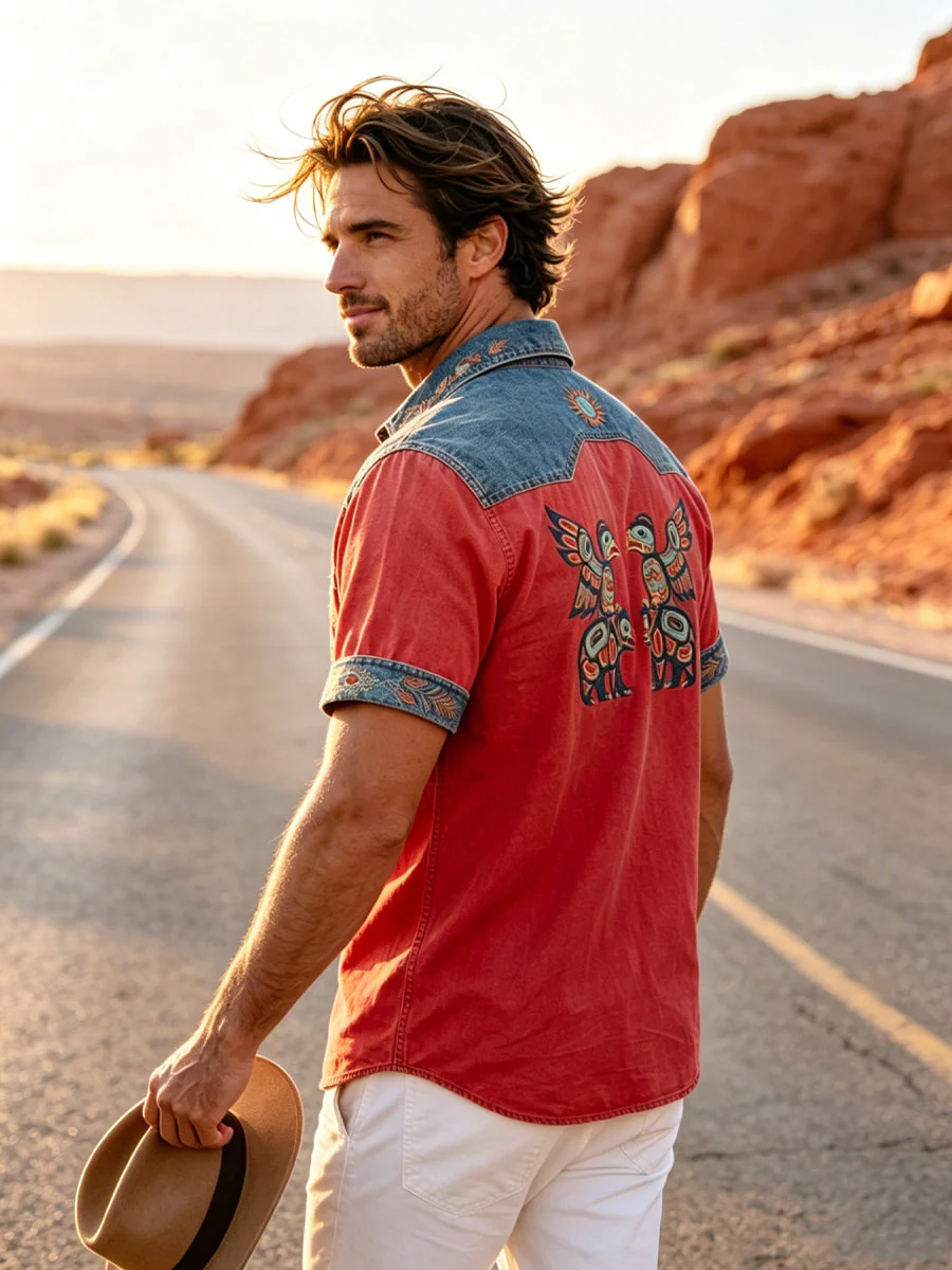 Men's Vintage Native American Animal Totem Patchwork Casual Shirt - Image 3