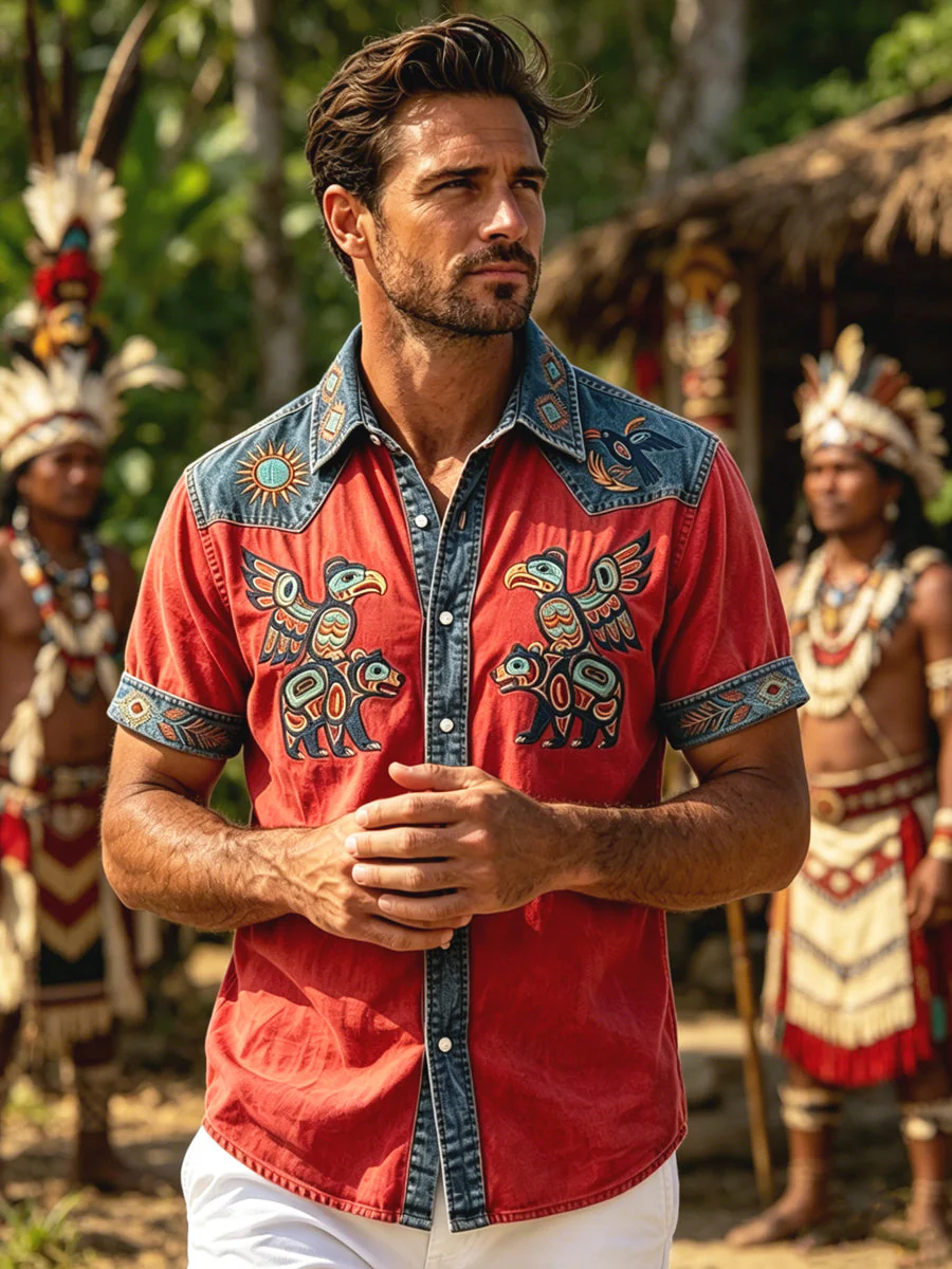 Men's Vintage Native American Animal Totem Patchwork Casual Shirt - Image 4