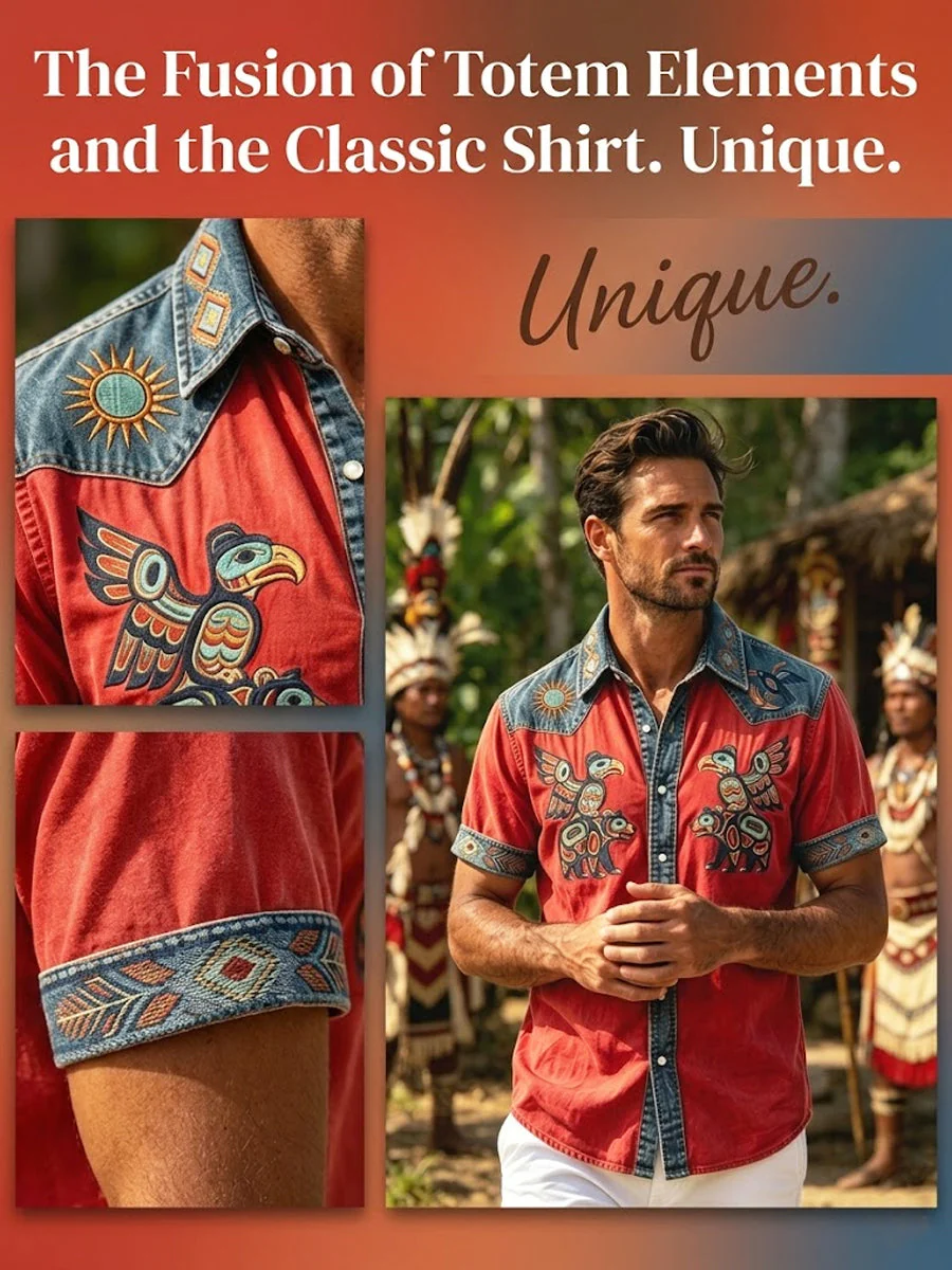 Men's Vintage Native American Animal Totem Patchwork Casual Shirt - Image 5
