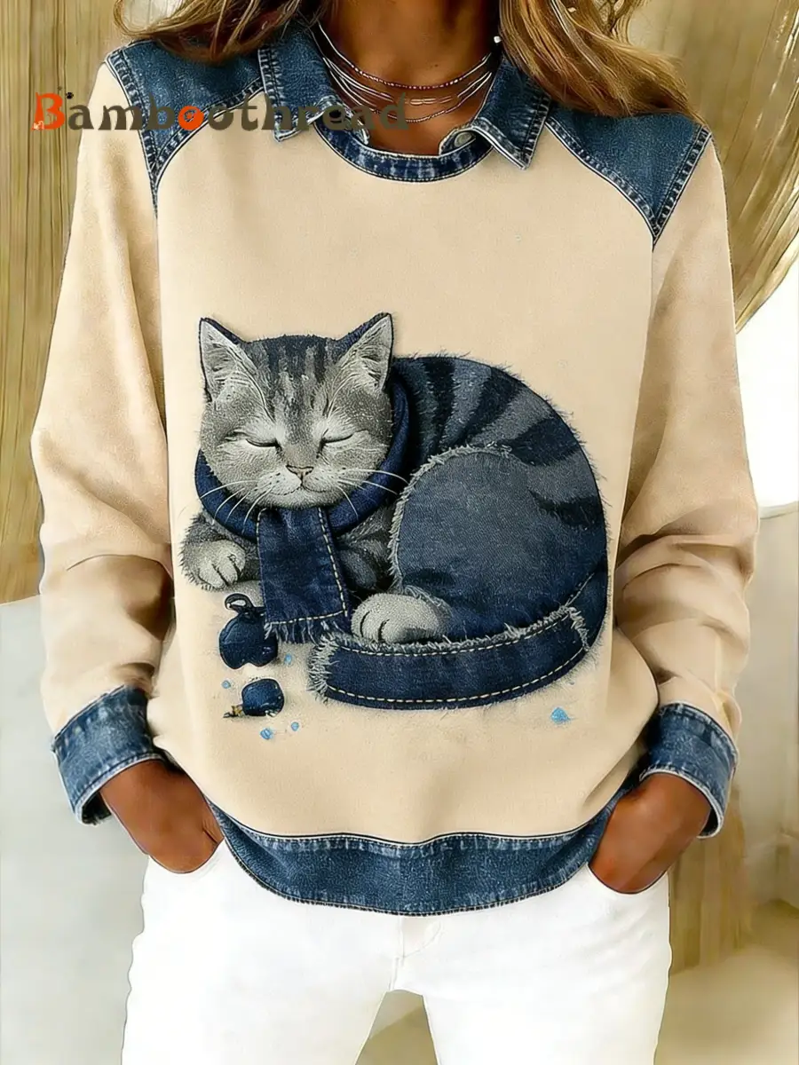 Retro Cute Animal Scarf Cat Denim Patchwork Art Printed Casual Loose Long Sleeve Lapel Sweatshirt