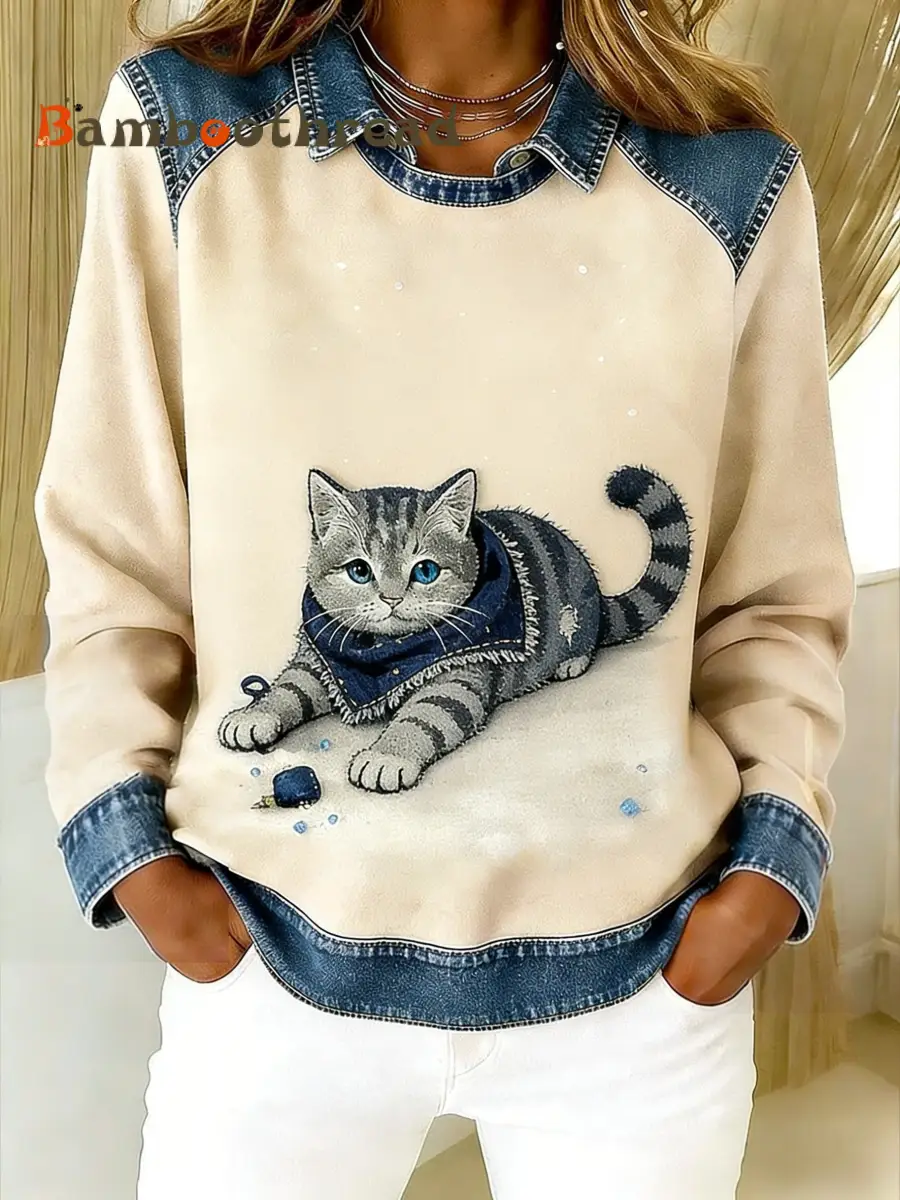 Retro Cute Animal Scarf Cat Denim Patchwork Art Printed Casual Loose Long Sleeve Lapel Sweatshirt