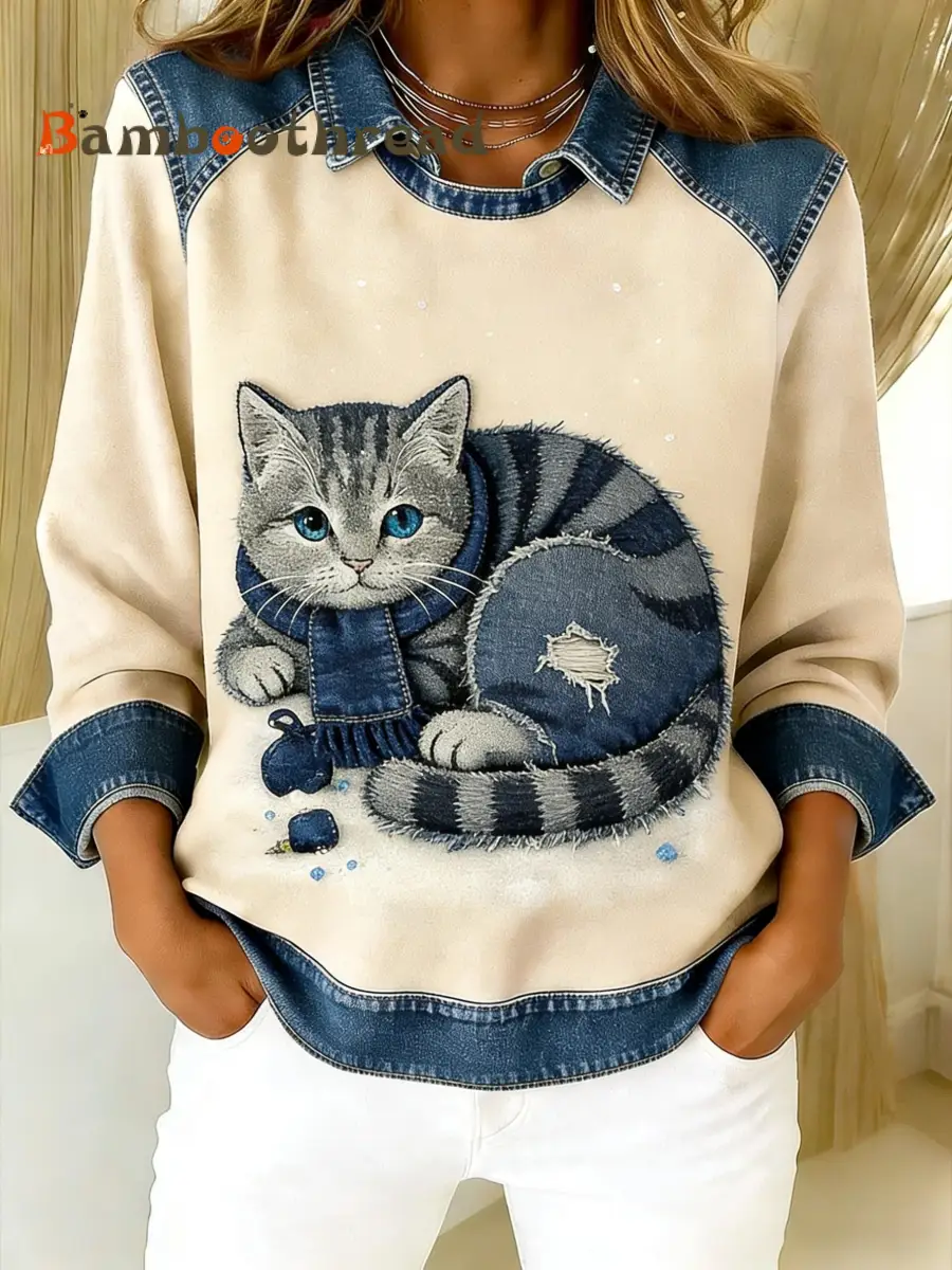 Retro Cute Cat Denim Scarf Patchwork  Printed Casual Loose Long Sleeve Lapel Sweatshirt