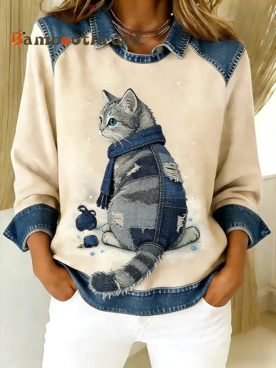 Retro Cute Cat Denim Scarf Patchwork  Printed Casual Loose Long Sleeve Lapel Sweatshirt