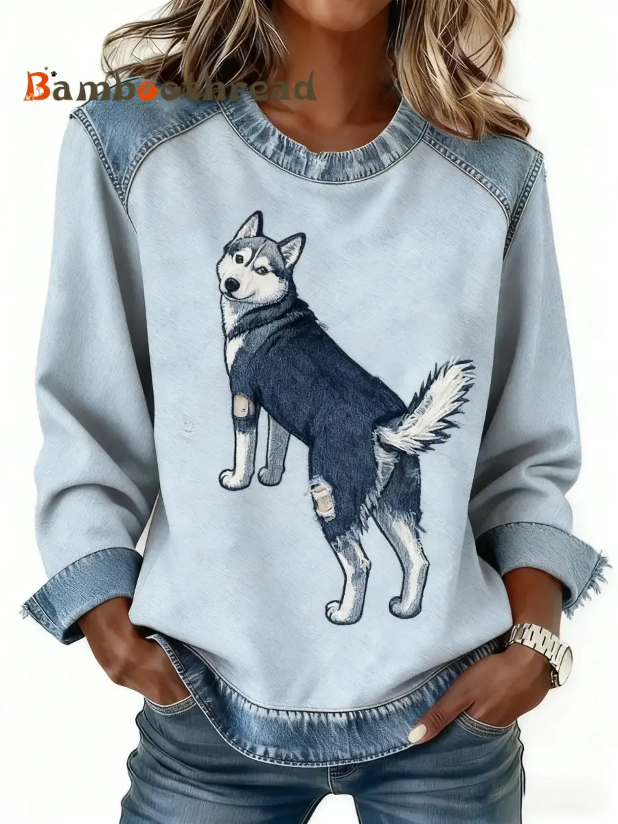 Retro Cute Dog Denim Patchwork Print Long-Sleeved Top