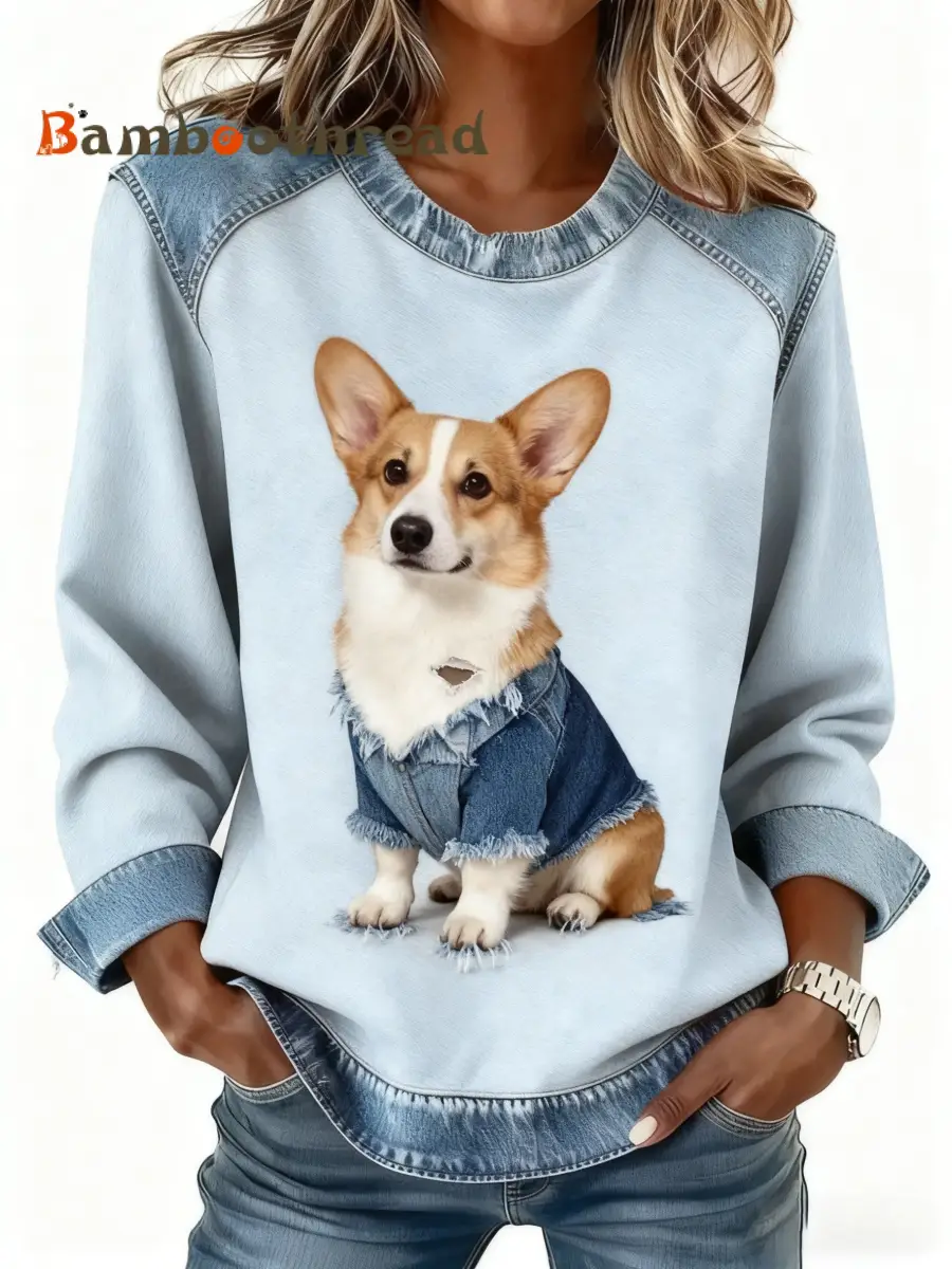 Retro Cute Dog Denim Patchwork Print Long-Sleeved Top