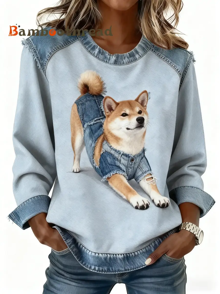Retro Cute Dog Denim Patchwork Print Long-Sleeved Top