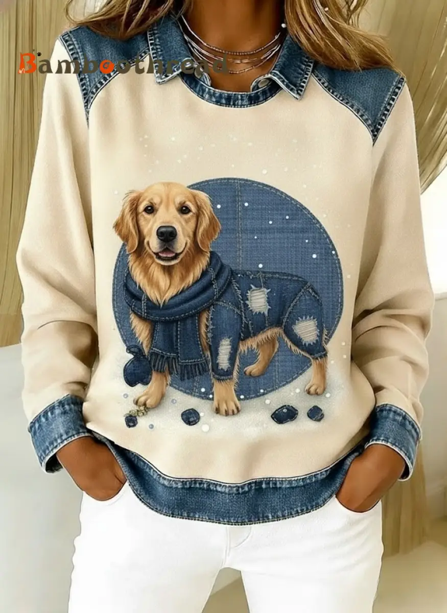 Retro Cute Dog Denim Scarf Patchwork Printed Casual Loose Long Sleeve Lapel Sweatshirt