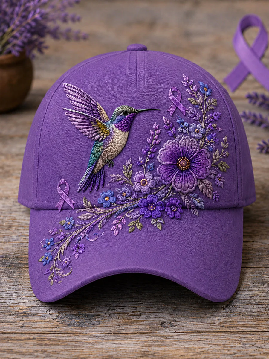Unisex Purple Floral & Hummingbird Print Alzheimer's Awareness Support Hat - Image 2