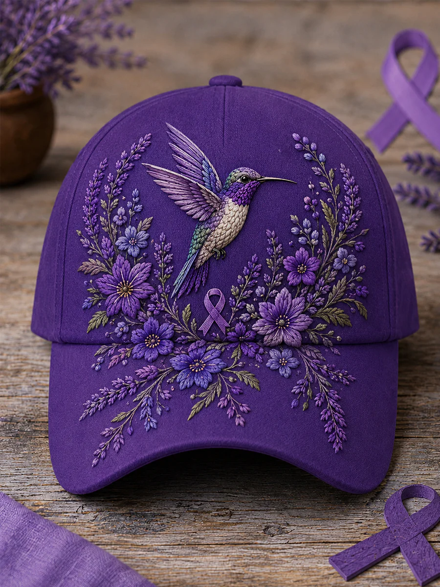 Unisex Purple Floral & Hummingbird Print Alzheimer's Awareness Support Hat
