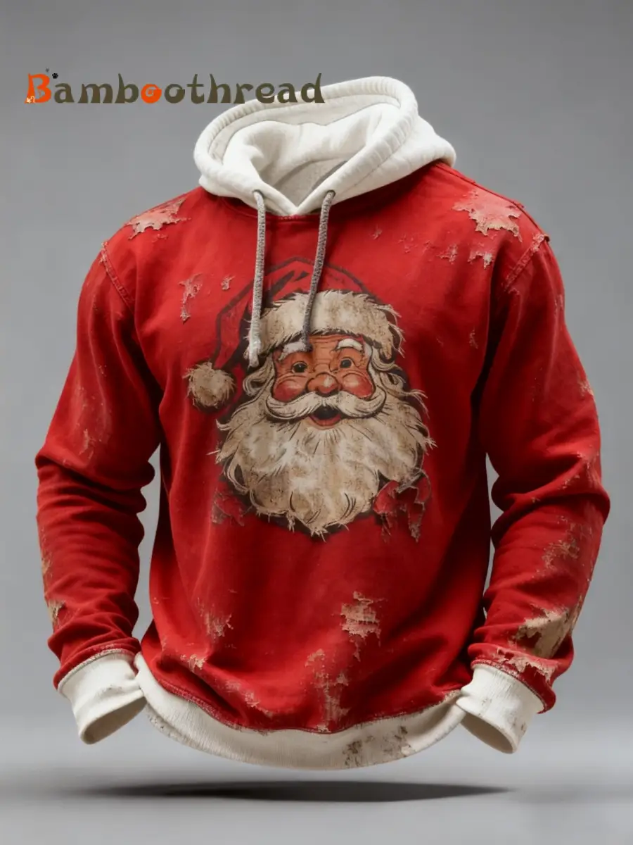 Vintage Christmas Santa Claus Distressed Patchwork Print Casual Long Sleeve Hooded Sweatshirt