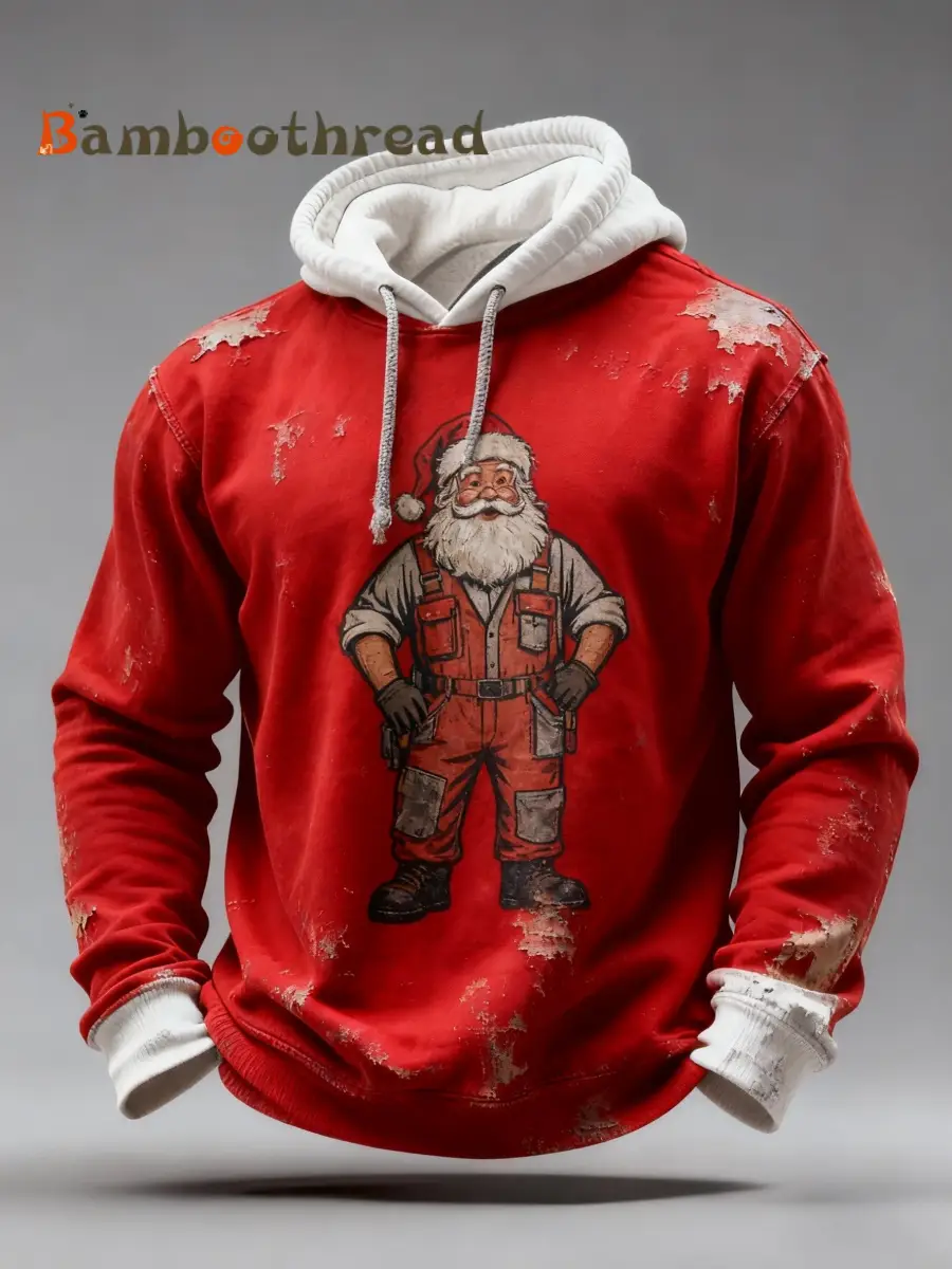 Vintage Christmas Santa Claus Distressed Patchwork Print Casual Long Sleeve Hooded Sweatshirt