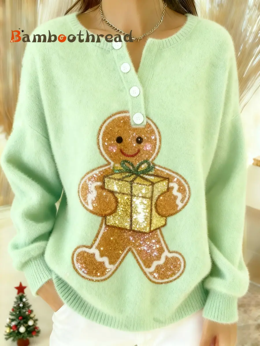 Vintage Christmas Sequin Gingerbread Man Print Comfortable Flannel Sweatshirt