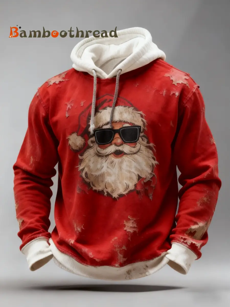Vintage Christmas Sunglasses Santa Claus Distressed Patchwork Print Casual Long Sleeve Hooded Sweatshirt