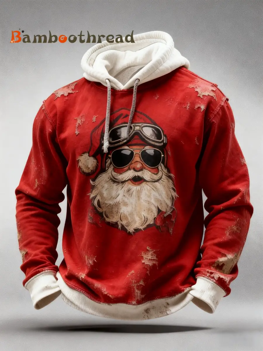 Vintage Christmas Sunglasses Santa Claus Distressed Patchwork Print Casual Long Sleeve Hooded Sweatshirt
